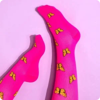 bright pink compression socks with yellow butterflies pattern